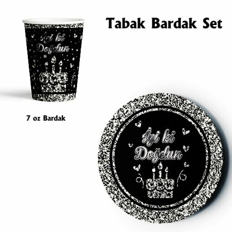 ECO 8Lİ KARTON SET TABAK BARDAK SİLVER İYİ Kİ DOĞDUN