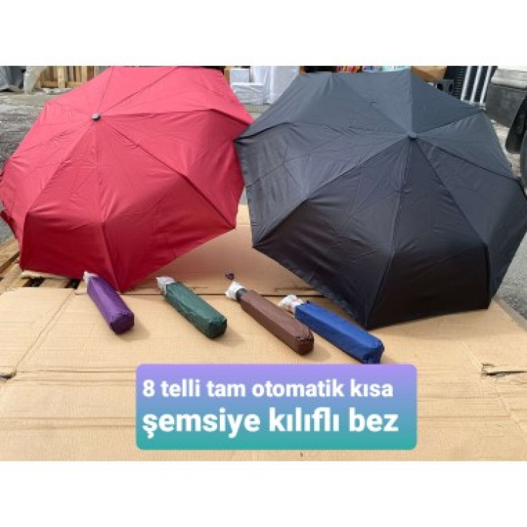 TAM OTOMATİK 8 TELLİ KISA BEZ ŞEMSİYE  KILIFLI