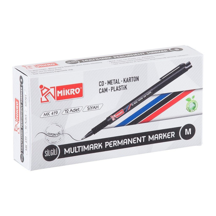 MİKRO MK-419MS SİYAH-M PERMANENT SİLGİLİ CD ASETATLI KALEM (BOX12)