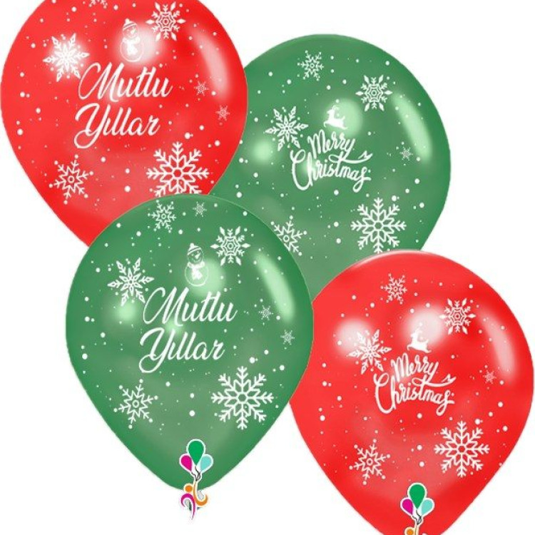 Hazır Baskı Balon Full Mutlu Yıllar-Merry Chrıstmas 12 inc 100lü