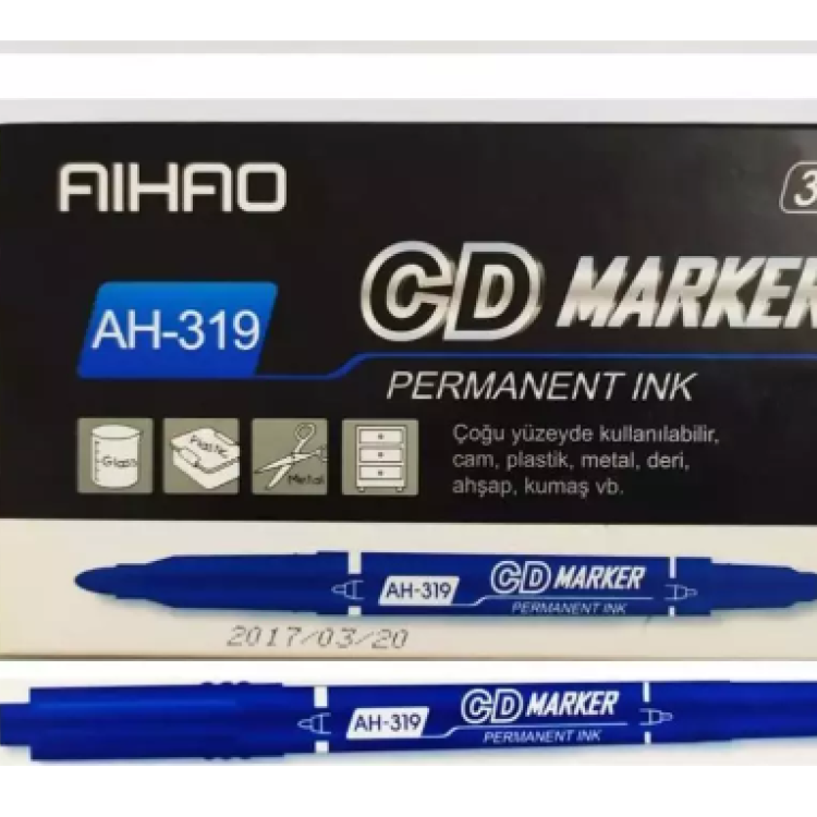 AİHAO AH-319M MARKER ÇİFT UÇLU CD KALEMİ MAVİ (BOX12)