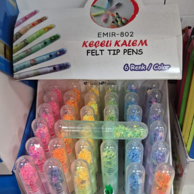 EMİR-802 ŞEKİLLİ PULLU KEÇELİ KALEM 6 RENK  (BOX36)